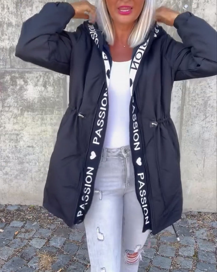 Women's Hooded Parka with Drawstring Waist and Logo Band Zipper StylebySassy