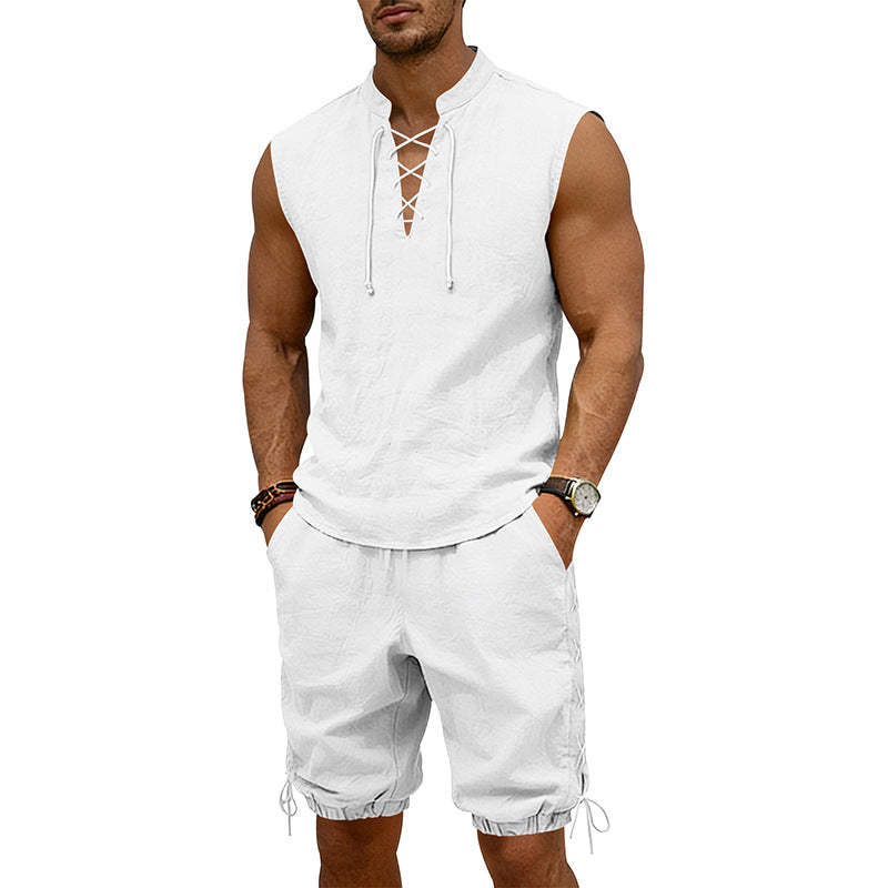 Men's sleeveless leisure set with lace collar and drawstring Bermuda StylebySassy