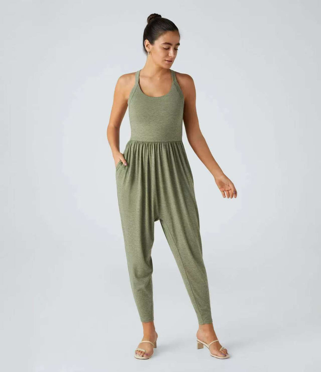 Women's casual jersey jumpsuit with racerback, smocked waist and side pockets StylebySassy