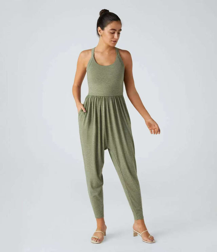 Women's casual jersey jumpsuit with racerback, smocked waist and side pockets StylebySassy