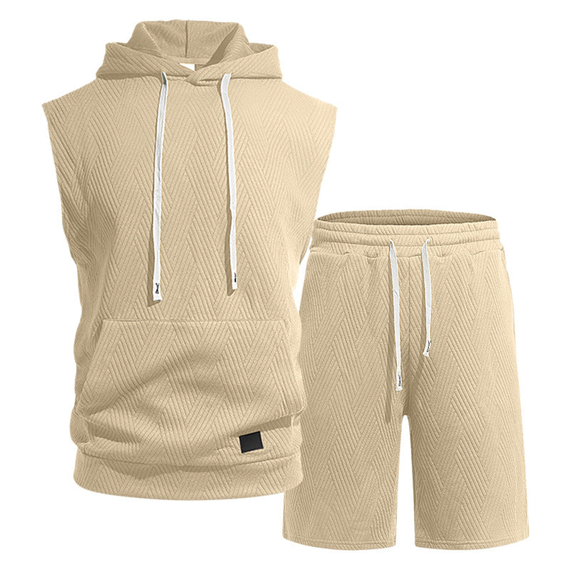 Men's sleeveless hoodie lounge set made of textured cotton blend with kangaroo pocket and elastic leisure pants StylebySassy