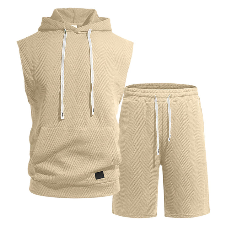 Men's sleeveless hoodie lounge set made of textured cotton blend with kangaroo pocket and elastic leisure pants StylebySassy