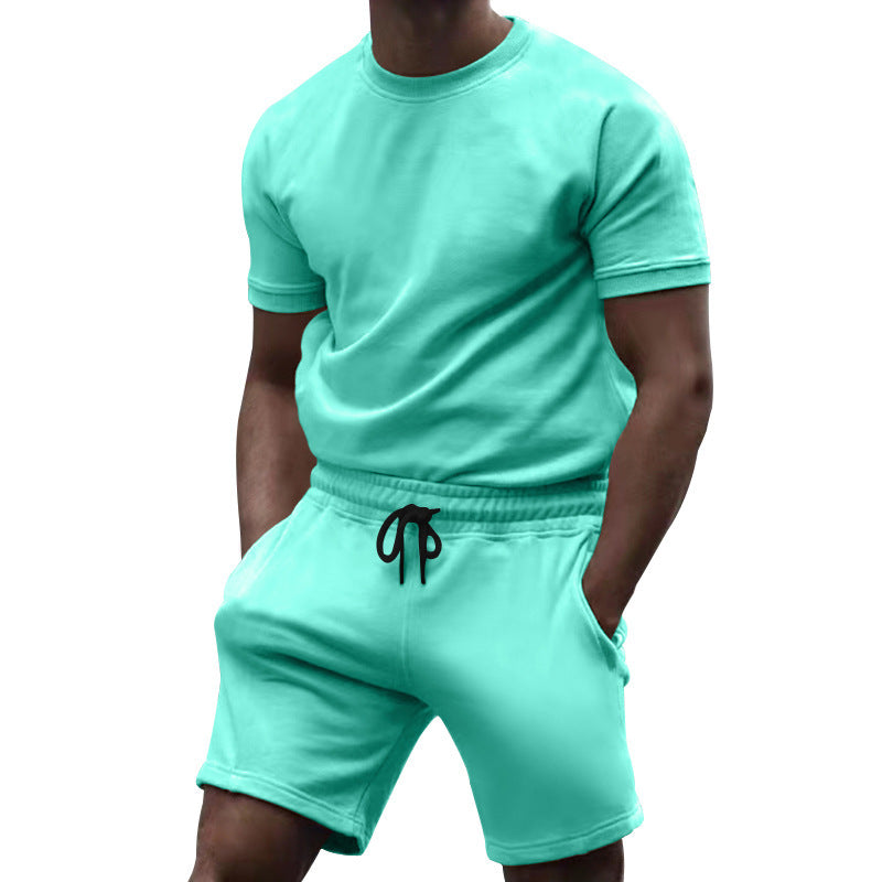 Men's short-sleeve sweat set made of soft sweatshirt fabric with a round neck shirt and drawstring shorts StylebySassy