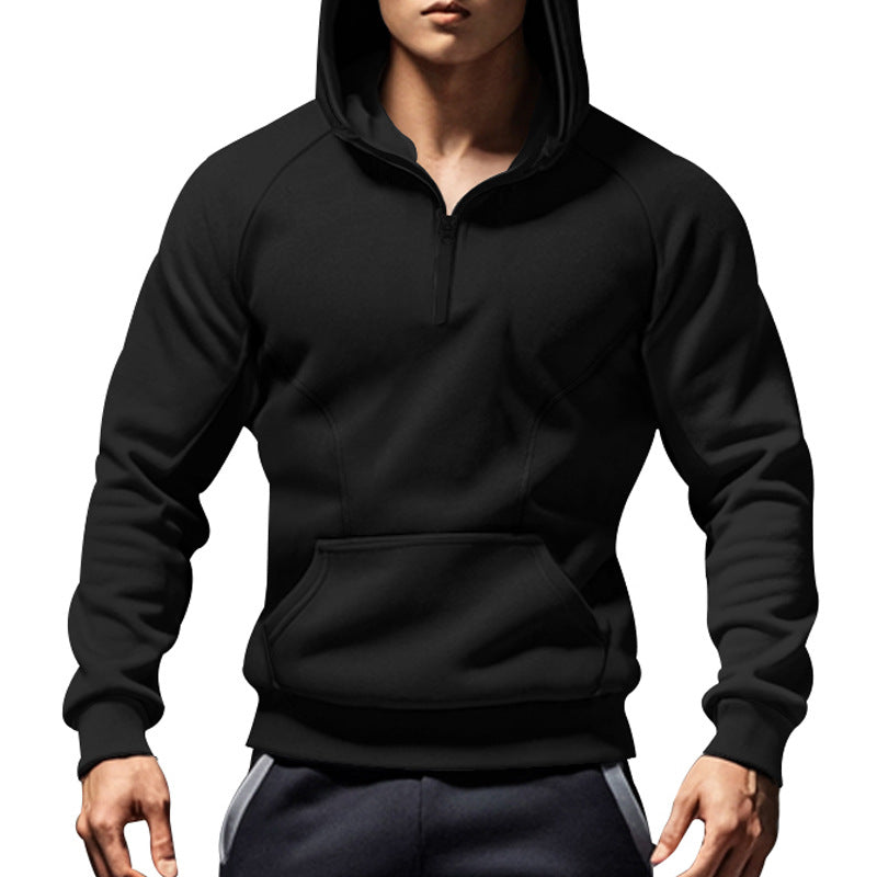 Men's casual hooded sweatshirt with short front zipper, ergonomic raglan cut, and kangaroo pocket StylebySassy