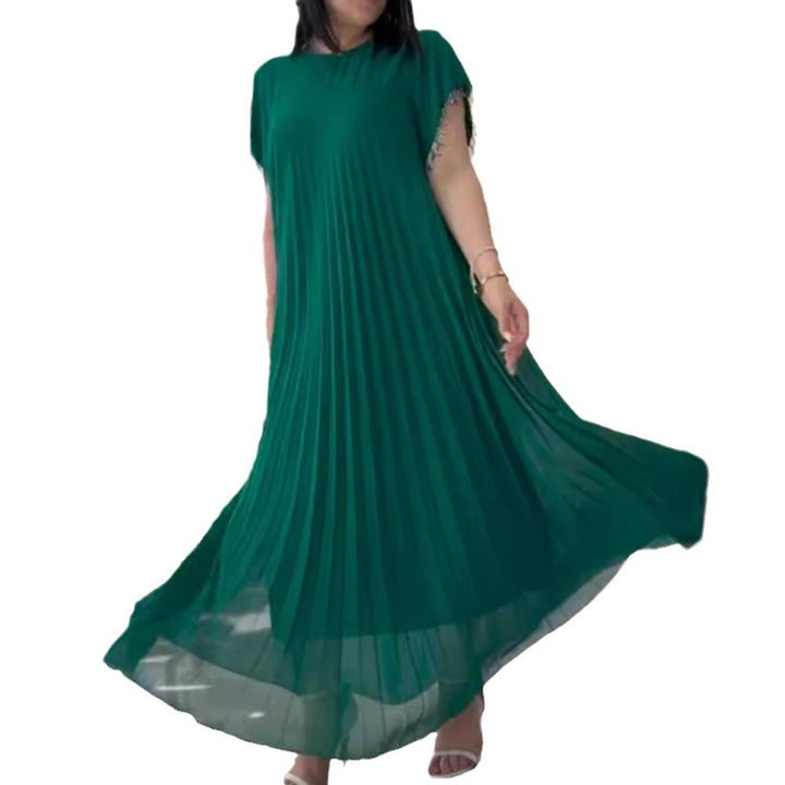 Women nan elegant chiffon pleated maxi dress with wide swing skirt and tassel sleeves StylebySassy