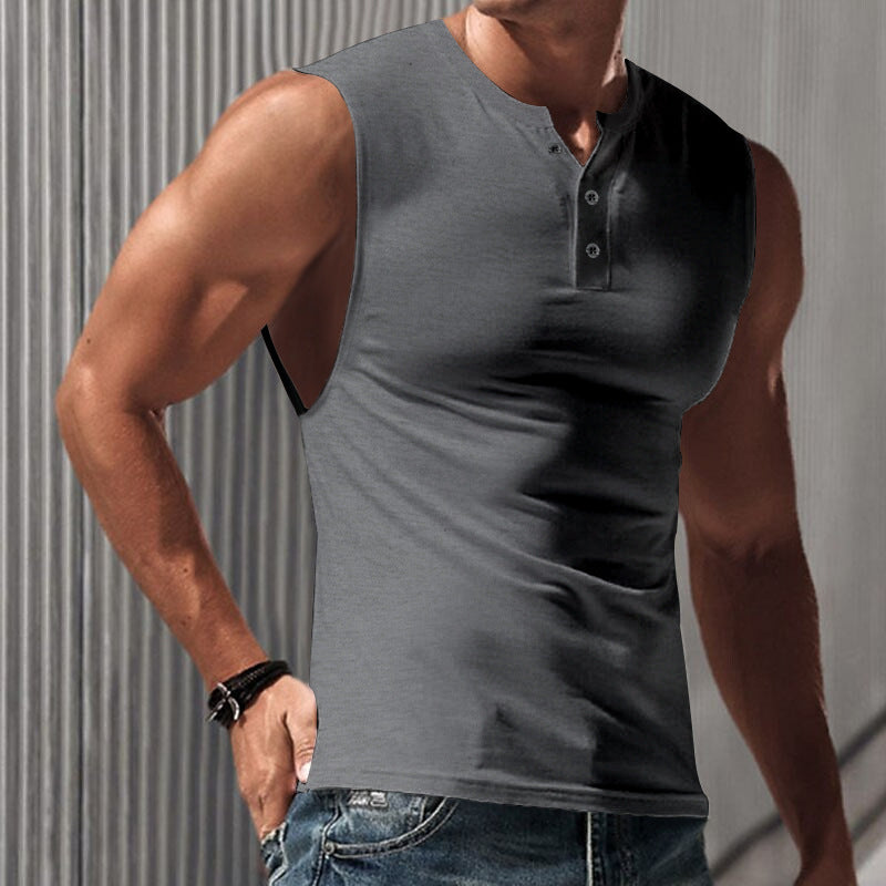 Men's sleeveless muscle shirt with Henley button placket, deep armhole, and elastic cotton blend StylebySassy