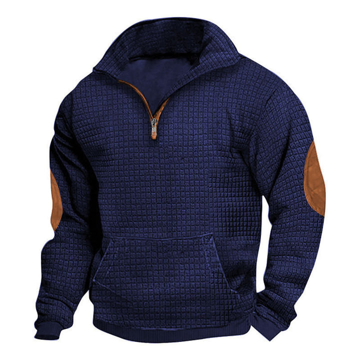 Men's thermo-regulating waffle knit half-zip pullover with kangaroo pocket and faux leather elbow patches StylebySassy