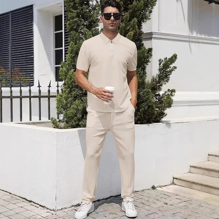 Men's urban travel polo shirt with short front zipper, elastic interlock and wrinkle-free care StylebySassy