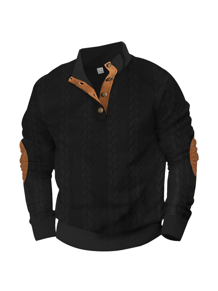 Men's casual cable knit pullover with reinforced button placket and suede elbow patches StylebySassy