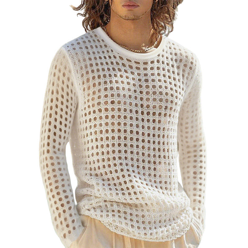 Men's airy openwork knit sweater with square mesh pattern and crew neck StylebySassy