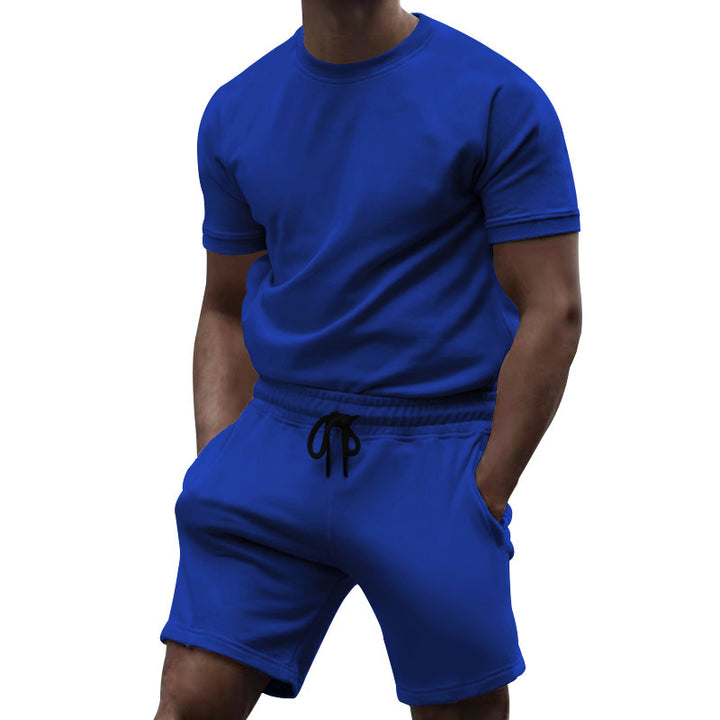 Men's short-sleeve sweat set made of soft sweatshirt fabric with a round neck shirt and drawstring shorts StylebySassy