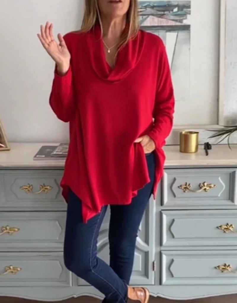 Women's fall shoulder drape tunic top with asymmetric zip hem and side pockets StylebySassy