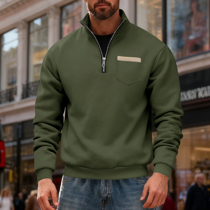 Men's nan sweatshirt with half zipper, stand-up collar, and chest pocket StylebySassy