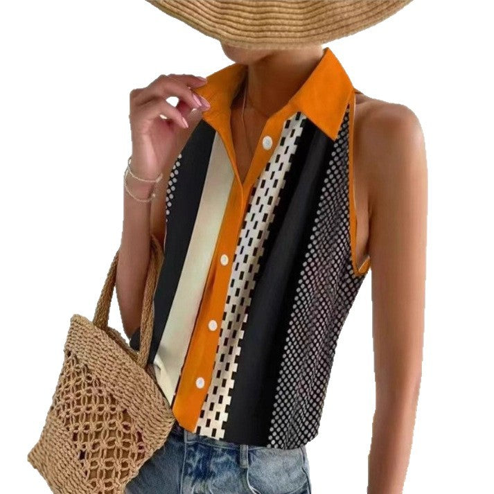 Women sleeveless shirt top with Kent collar, contrasting button placket and graphic stripe print StylebySassy