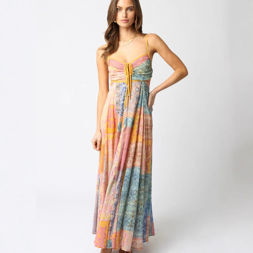 Ladies' ankle-length maxi dress with gathered bustier, drawstring, and patchwork print StylebySassy