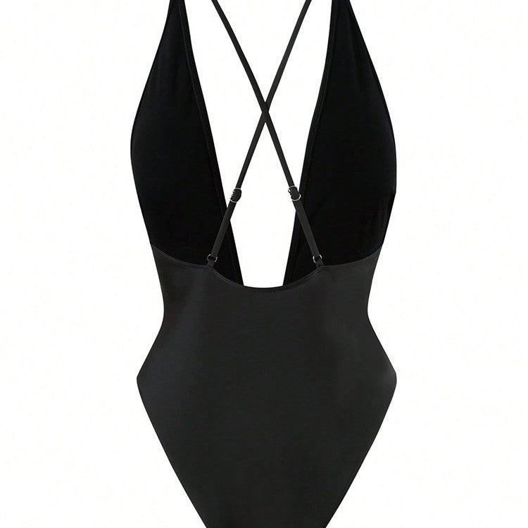Women's one-piece swimsuit with deep V-neckline and elegant decorative element StylebySassy