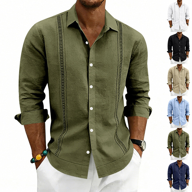 Men's casual linen blend shirt with vertical decorative stripes, Kent collar and relaxed fit StylebySassy