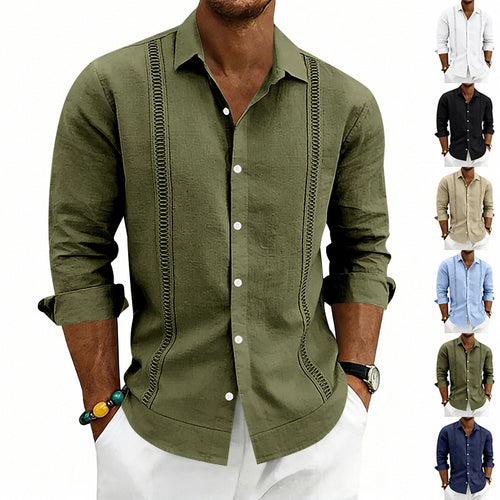 Men's casual linen blend shirt with vertical decorative stripes, Kent collar and relaxed fit StylebySassy