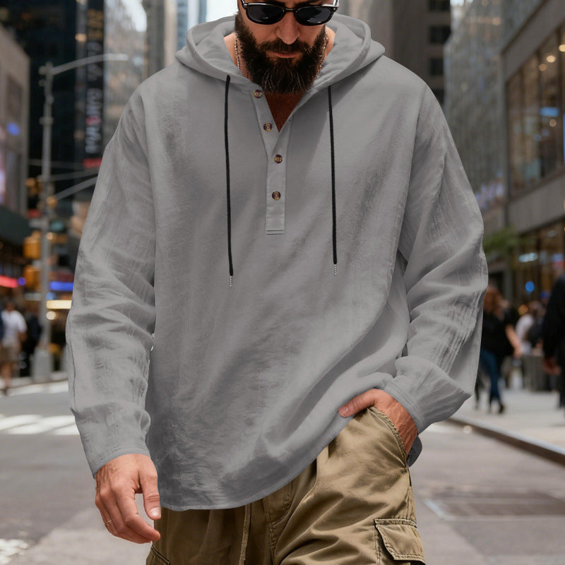 Men's lightweight hooded shirt with button placket made of linen blend and relaxed fit StylebySassy