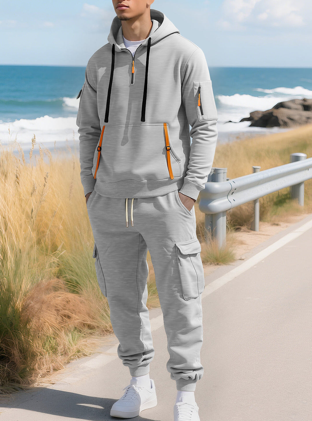 Men's casual half-zip hoodie with kangaroo pocket and cargo jogging pants with zipper details StylebySassy