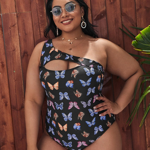 Women One-Sided Cut-Out Swimsuit with Floral Butterfly Motifs StylebySassy