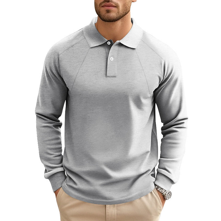 Men's long-sleeved polo shirt with raglan sleeves, short button placket and ribbed cuffs StylebySassy