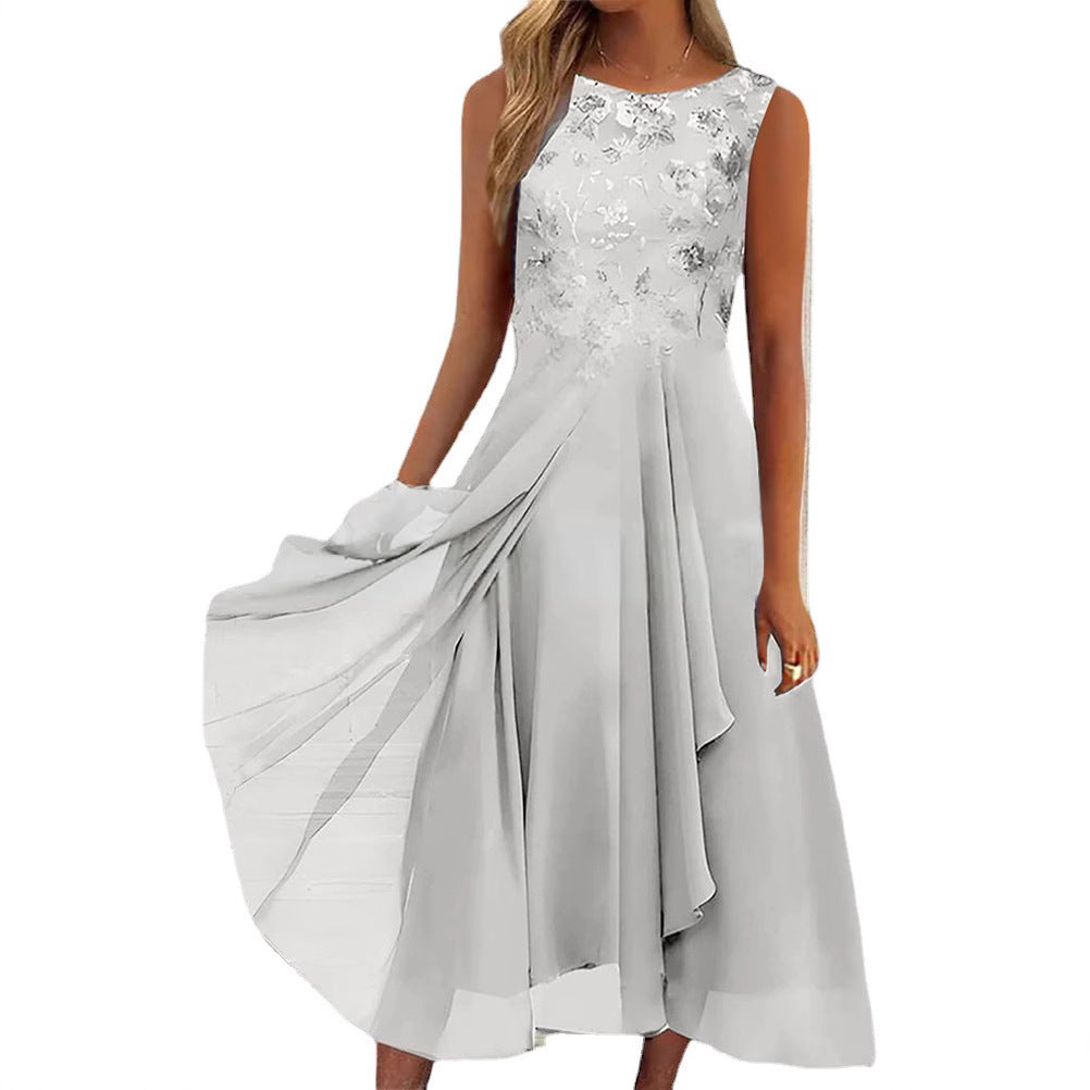 Women’s sleeveless chiffon midi dress with embroidered bodice and asymmetric layered skirt StylebySassy