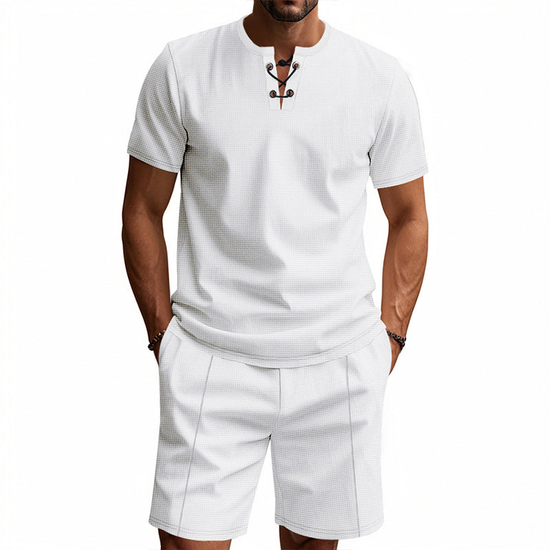 Men's short-sleeved lace-up collar shirt in waffle jersey with pleated Bermuda StylebySassy