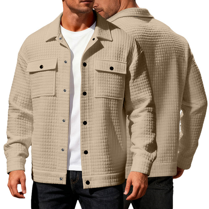 Men's quilted shirt jacket in overshirt style with snap button placket and applied chest flaps StylebySassy