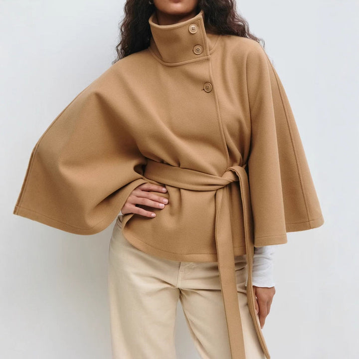 Women's oversized wool cape coat with stand-up collar and tie belt StylebySassy