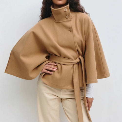Women's oversized wool cape coat with stand-up collar and tie belt StylebySassy