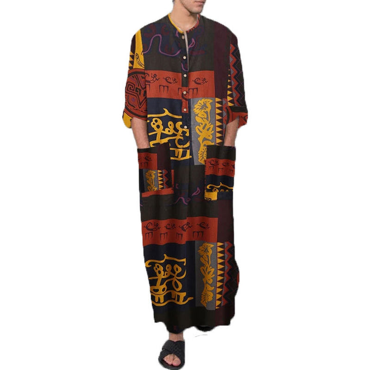 Men's ankle-length striped linen blend kaftan with stand-up collar and patch waist pockets StylebySassy