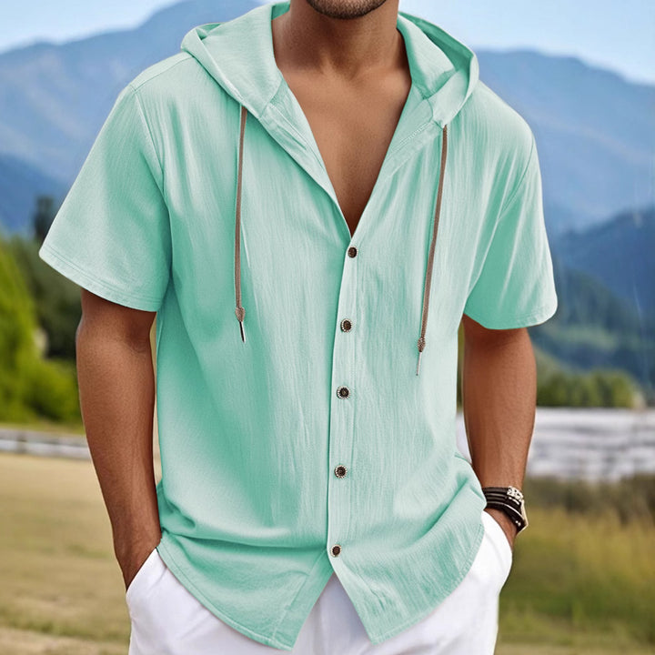 Men's short-sleeved hooded shirt with button placket, drawstring and linen look StylebySassy
