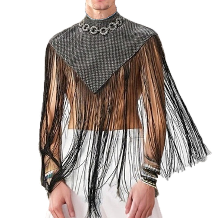 Ladies long fringed cape with turtleneck and V-shaped insert StylebySassy