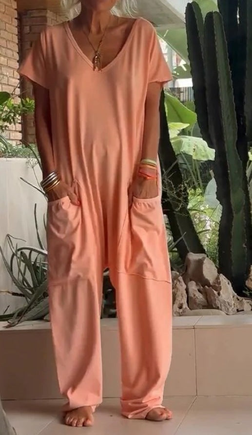Women's comfortable oversized jumpsuit with V-neck, deep crotch and inset pockets StylebySassy
