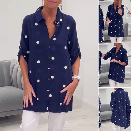 Women's long cut polka dot tunic with shirt collar, continuous button placket and sleeve tabs StylebySassy