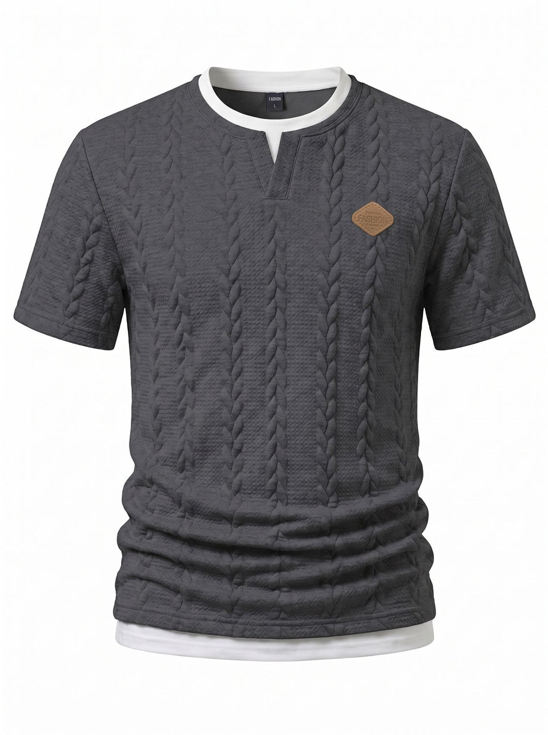 Men's textured short-sleeve shirt with embossed braid structure, V-insert at the round neck and layered look StylebySassy