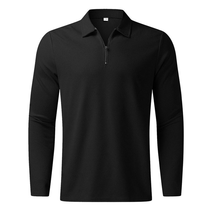 Men's long-sleeved polo shirt with kent collar, short front zip and fine waffle texture StylebySassy