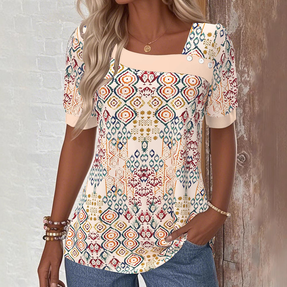 Women nan lightweight Boho blouse shirt with square neckline, decorative button placket and curved hem StylebySassy