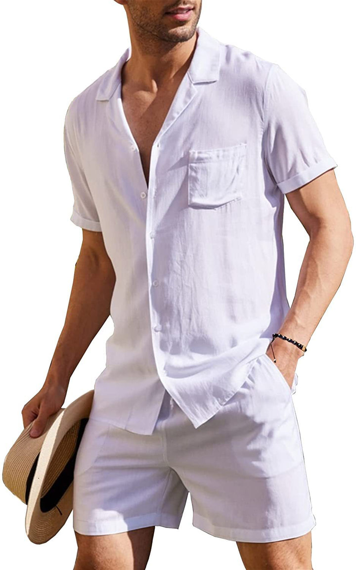 Men's two-piece summer casual ensemble with open collar shirt and elastic shorts StylebySassy