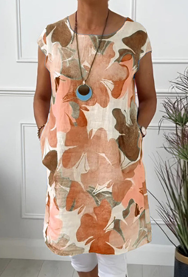 Ladies' airy tunic midi dress made of linen blend with watercolor flower print and side pockets StylebySassy