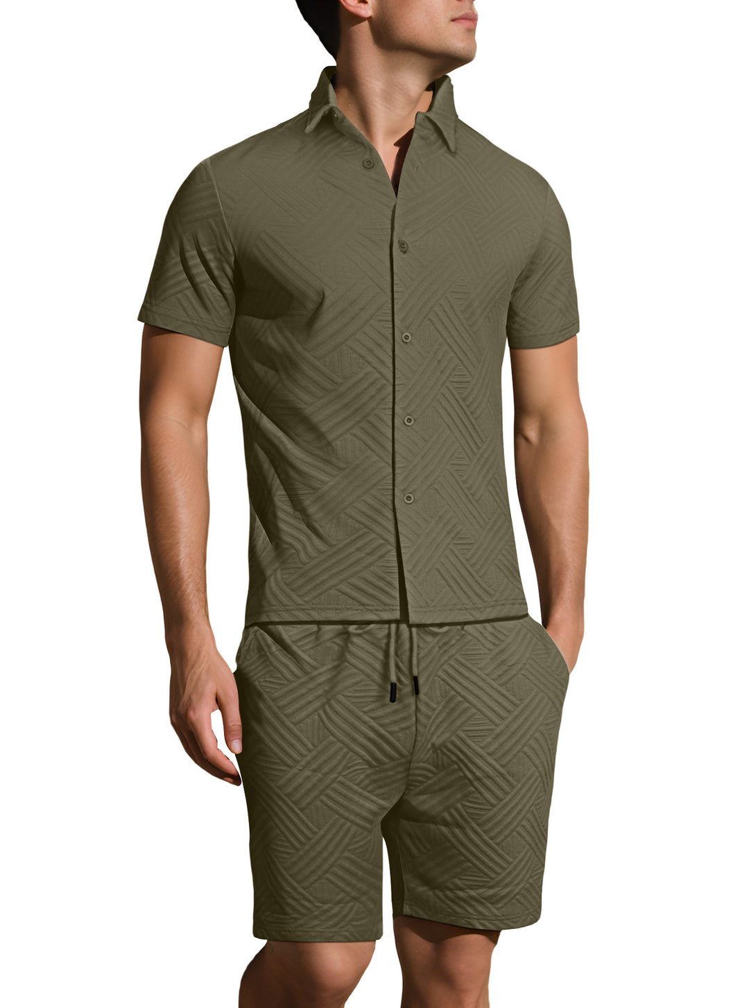 Men's lightweight short-sleeve shirt and Bermuda two-piece set with embossed woven texture and drawstring waistband StylebySassy
