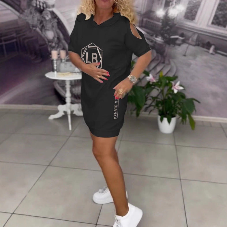 Women nan sporty hoodie tunic dress with shoulder cutouts and logo print StylebySassy