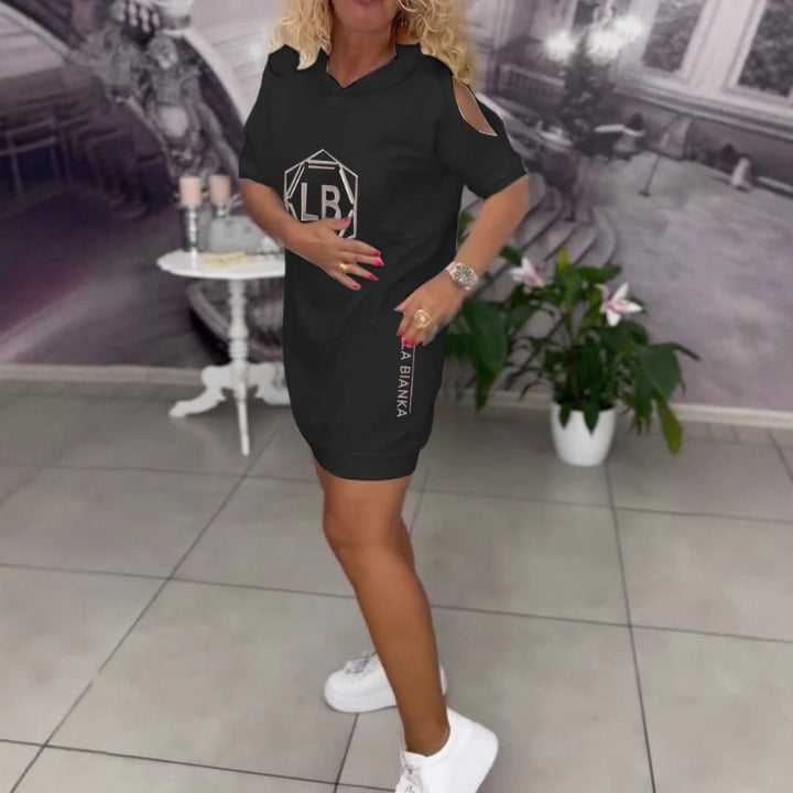 Women nan sporty hoodie tunic dress with shoulder cutouts and logo print StylebySassy