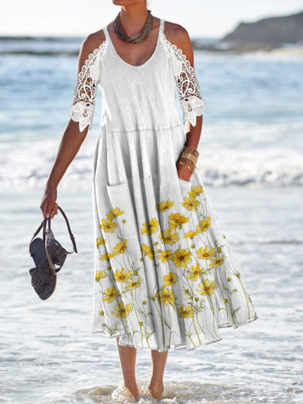 Women’s flowing maxi dress with shoulder cutouts crochet lace sleeves A-line cut and side pockets StylebySassy