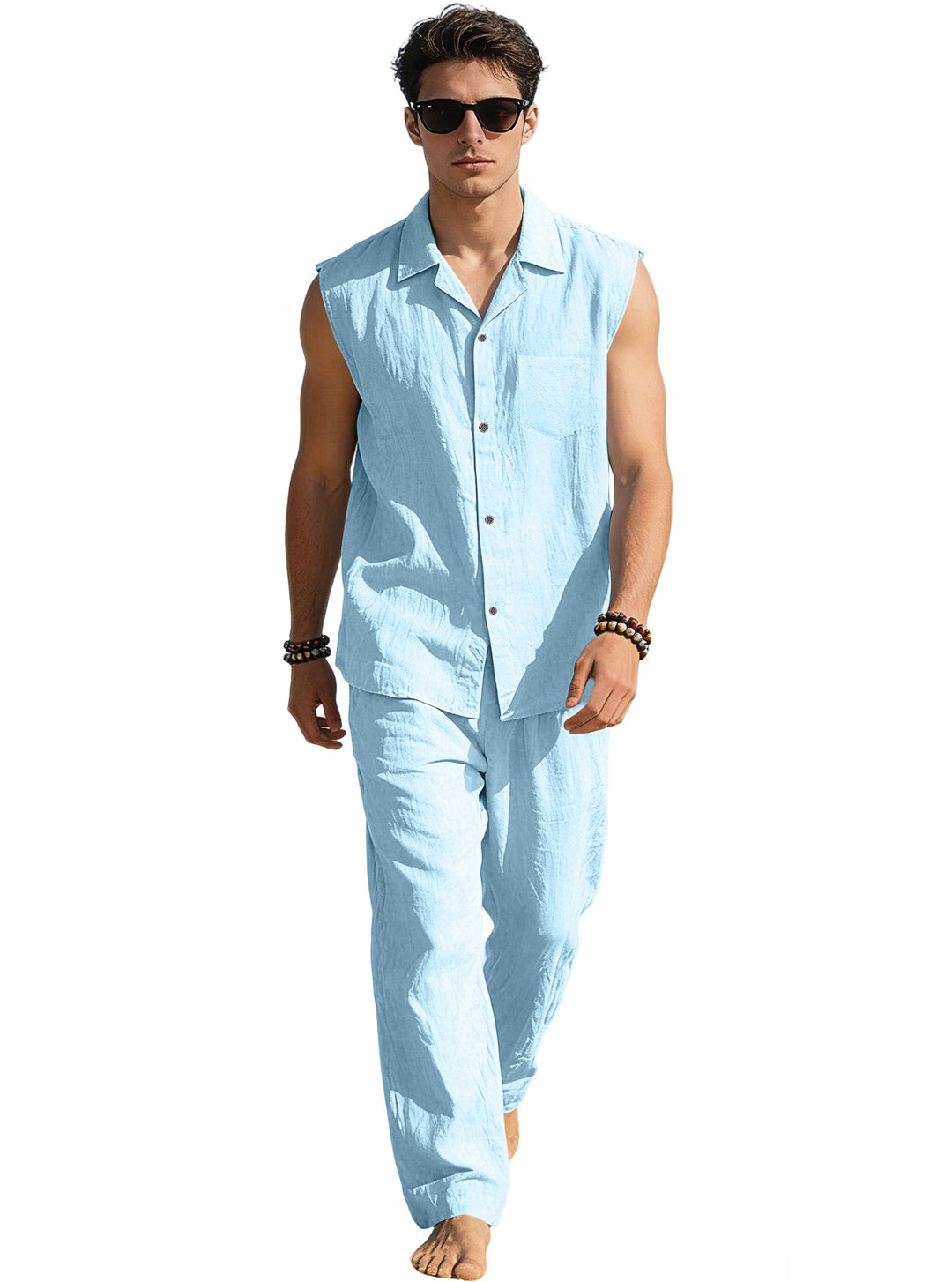 Men's sleeveless linen leisure set with lapel collar, chest pocket, and straight pants StylebySassy