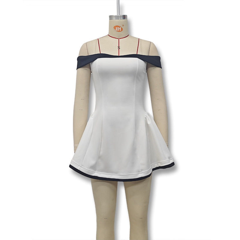 Women's short off-the-shoulder A-line dress with heart neckline, fitted bodice and side pockets StylebySassy