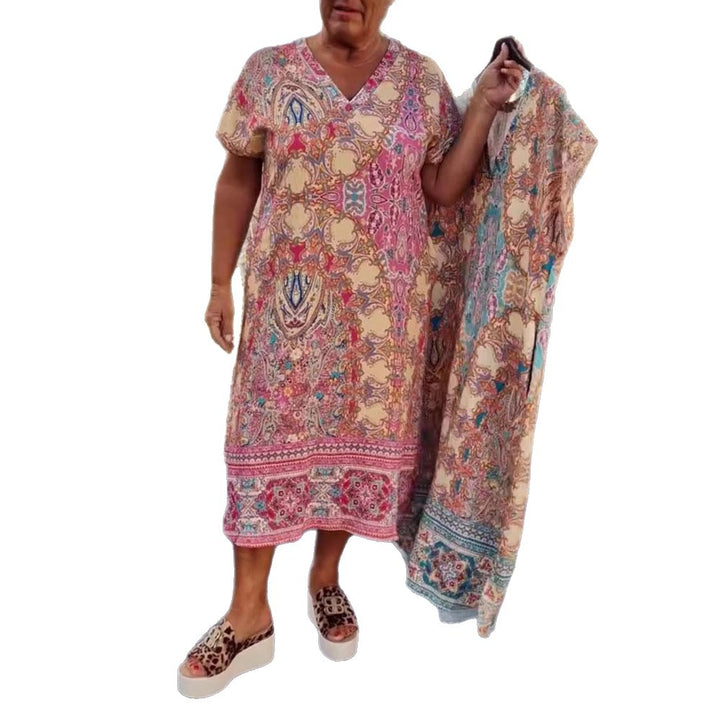 Women's flowing midi dress in tunic-kaftan mix with V-neck, short sleeves, loose fit, and matching pareo StylebySassy