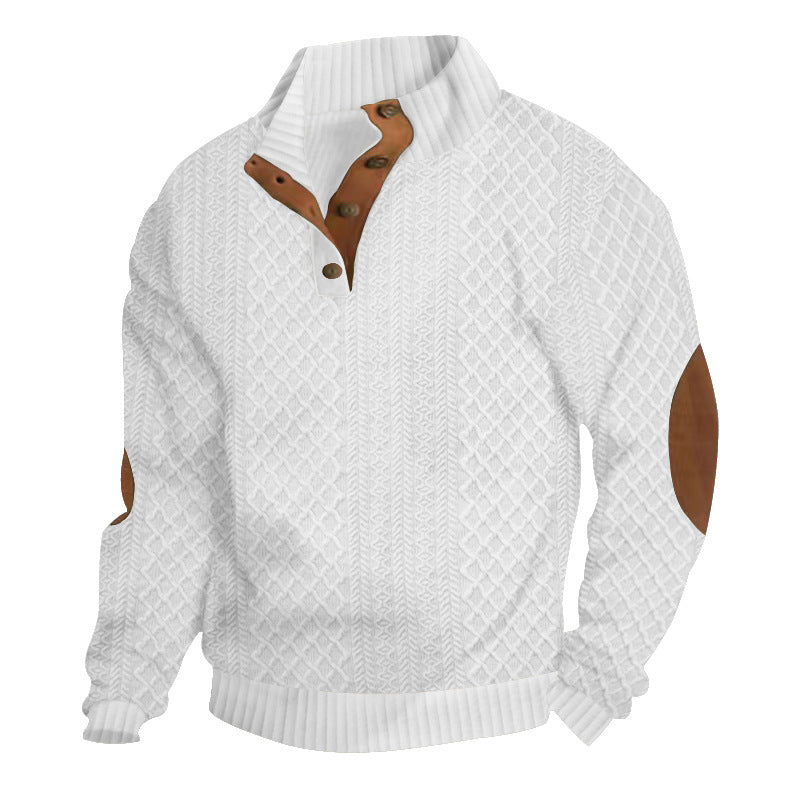 Men's chunky knitted sweater with elbow patches, stand collar and button placket StylebySassy