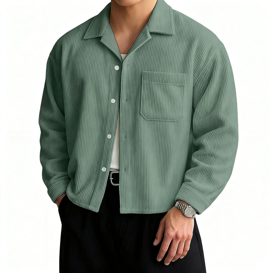 Men's ribbed long sleeve shirt with lapel collar, chest pocket, and relaxed fit StylebySassy
